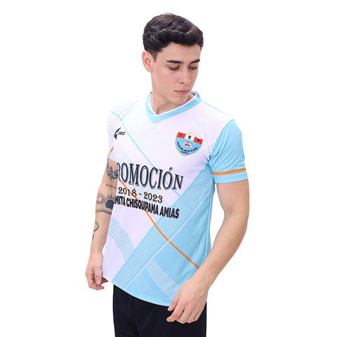 Camiseta Promoción 2023 IEP Victor Raúl Haya de la Torre Requena blanco celeste