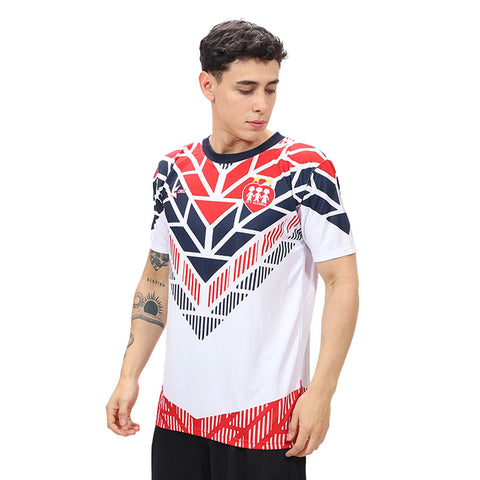 Camiseta Fe y Alegría blanco naranja azul marino